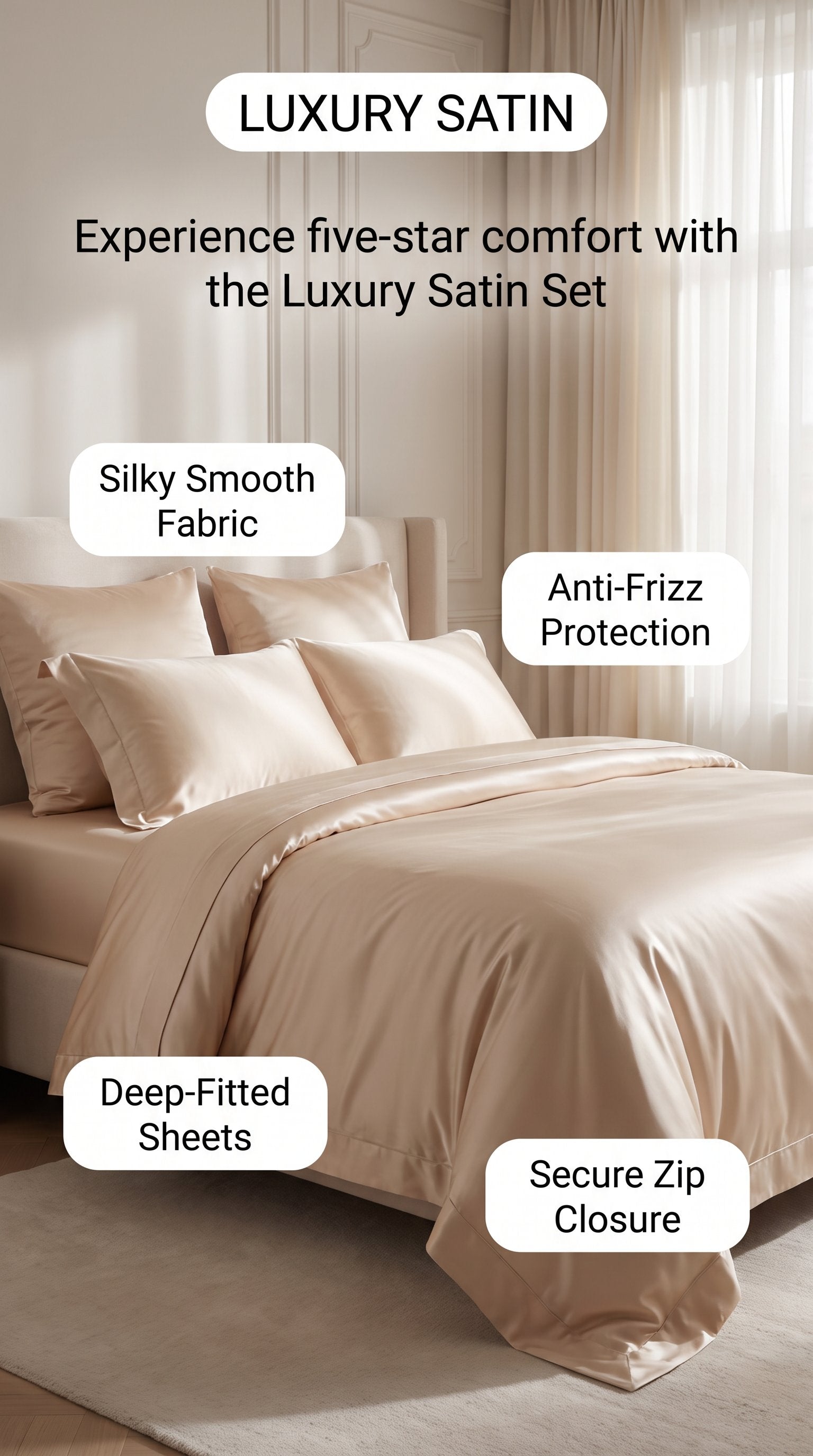 Luxury Satin Bedding Set – 4 Pieces | Silky Smooth, Anti-Frizz, Hotel Feel