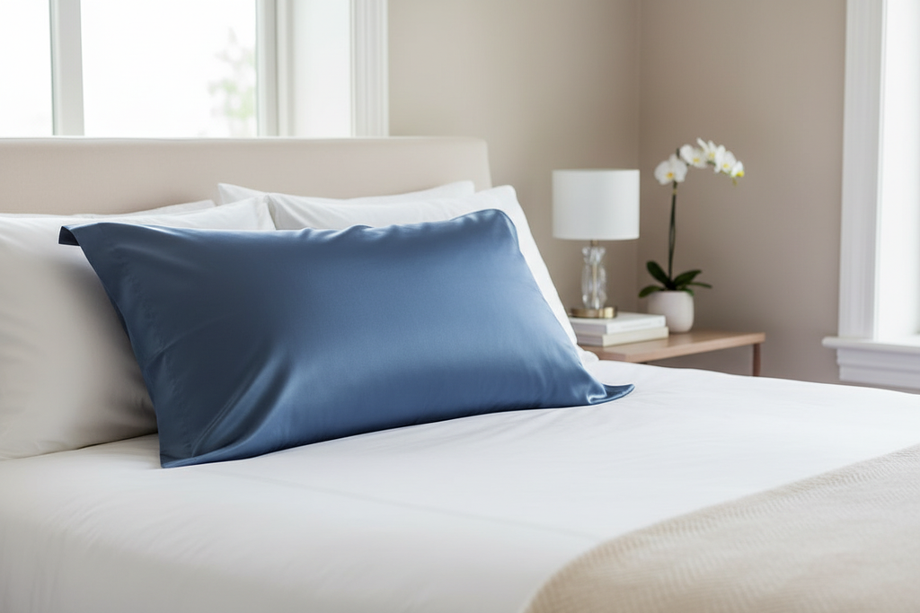 Blue silk pillowcase styled on bed in elegant bedroom