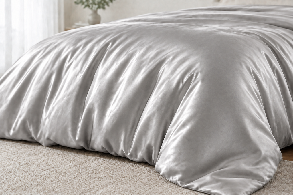 Grey satin duvet cover close-up