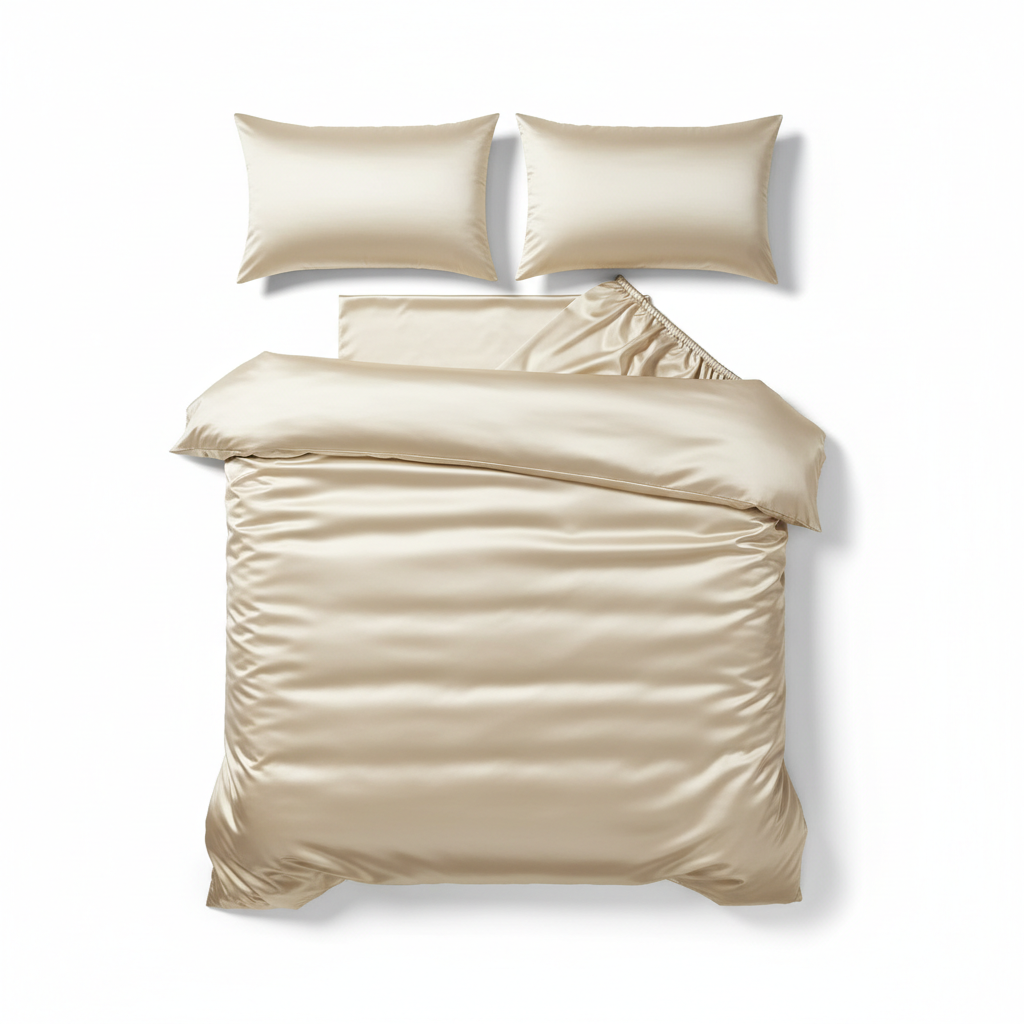 4-piece satin bedding set laid flat on white background