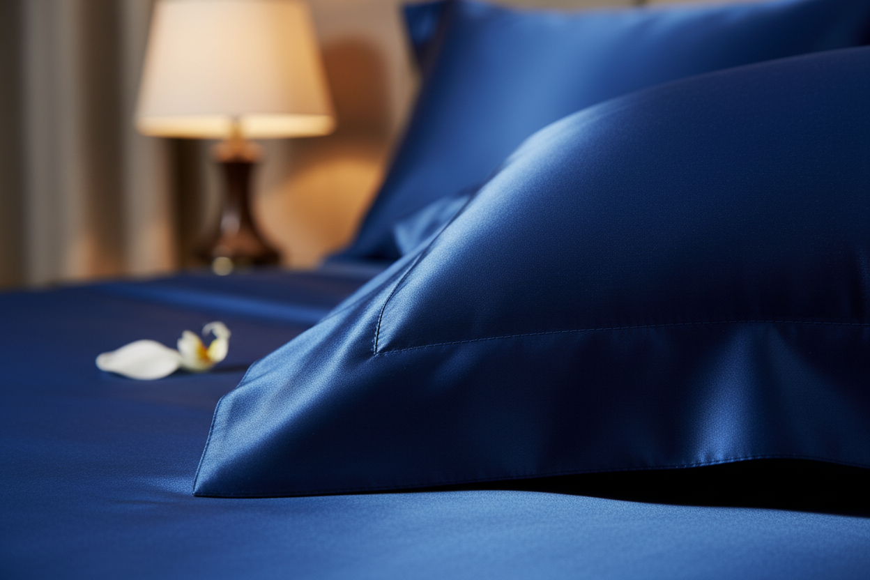Close-up of blue silk pillowcase Oxford border detail