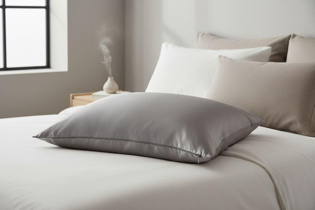 Oxford silk pillowcase grey with concealed zip along short edge