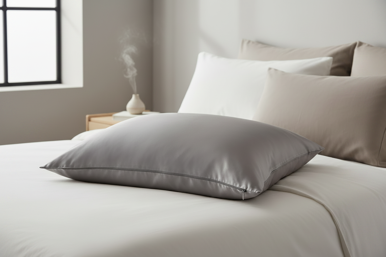 Oxford silk pillowcase grey with concealed zip along short edge