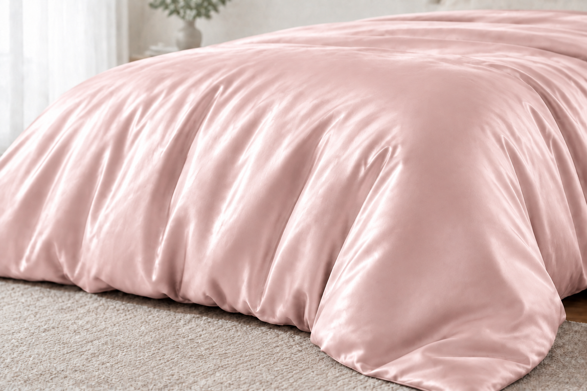 Pink satin duvet cover close-up