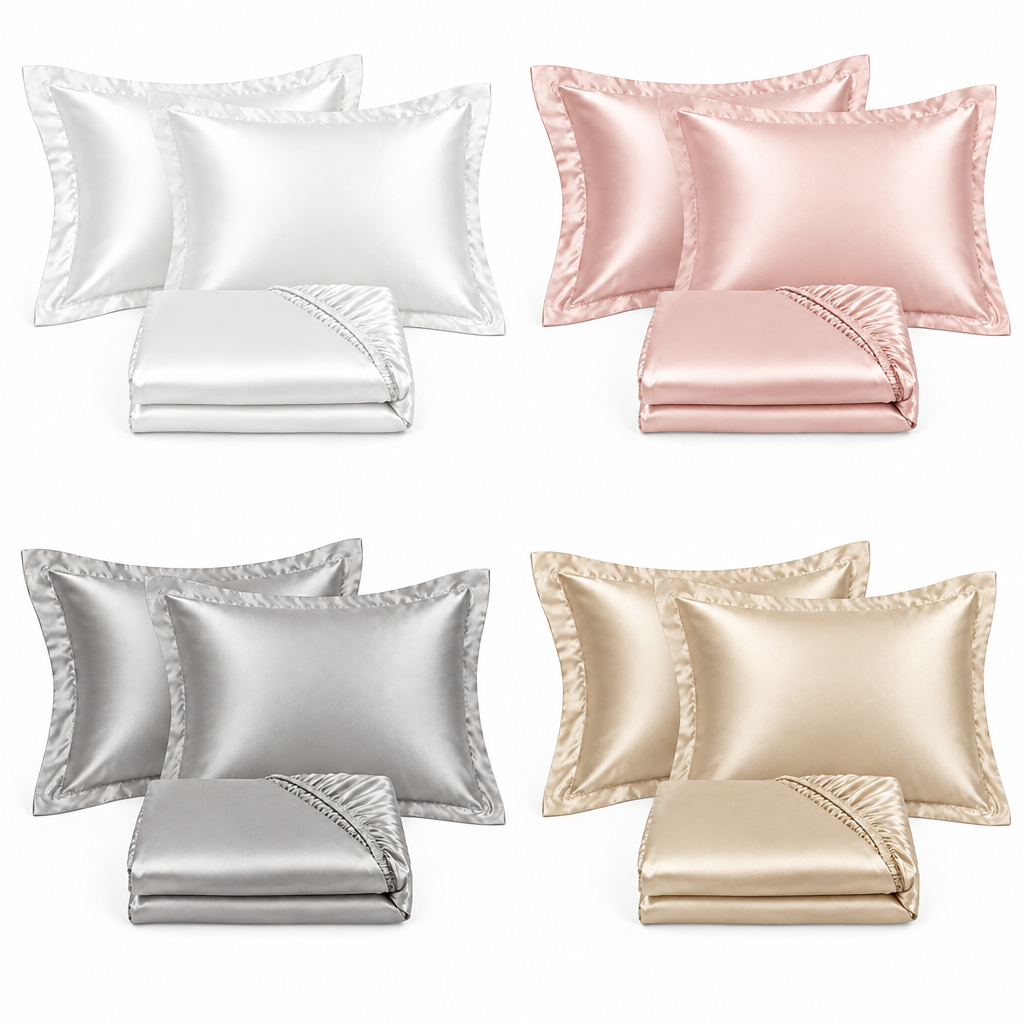 Satin bedding gift set in White, Pink, Grey and Champagne